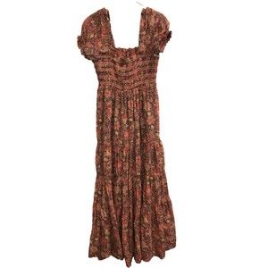 Free People Getaway Maxi Tiered Floral Dress Rust Black Women's Size Large